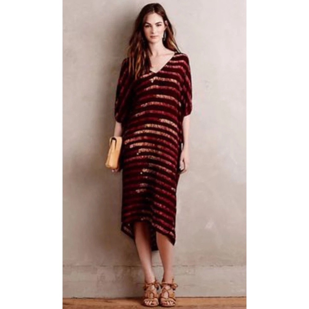 Anthropologie Pepin Mandu Dress 0P Burgundy Batik Striped Kaftan Boho‎ Resort